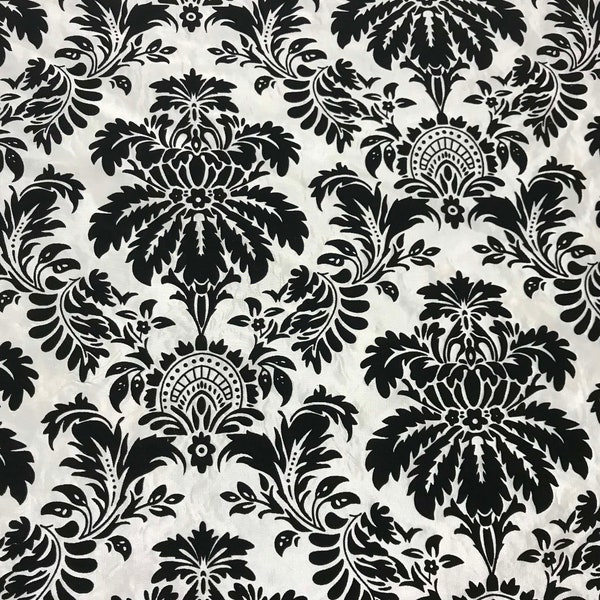 White with Black Small Damask - Flocked Velvet Faux Silk Taffeta Fabric
