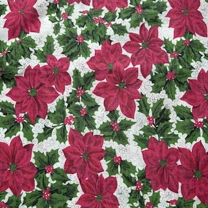 Red Christmas Poinsettias on White - Vintage Cotton Fabric