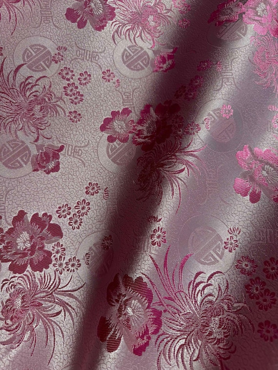 white brocade fabric - Pink on White Floral Medallions - Faux Silk Brocade Jacquard Fabric