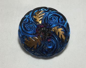 Vintage Glass Button - Mirror Back Iridescent Blue with Gold Leaf Scroll 1-3/8"