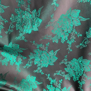 Black & Emerald Green Roses Floral - Faux Silk Brocade Jacquard Fabric