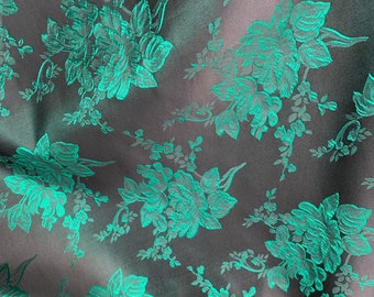 Black & Emerald Green Roses Floral - Faux Silk Brocade Jacquard Fabric