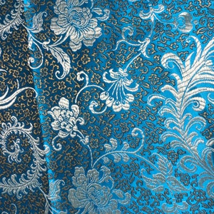 Turquoise & Gold Feather Floral Faux Silk Brocade Fabric - Etsy
