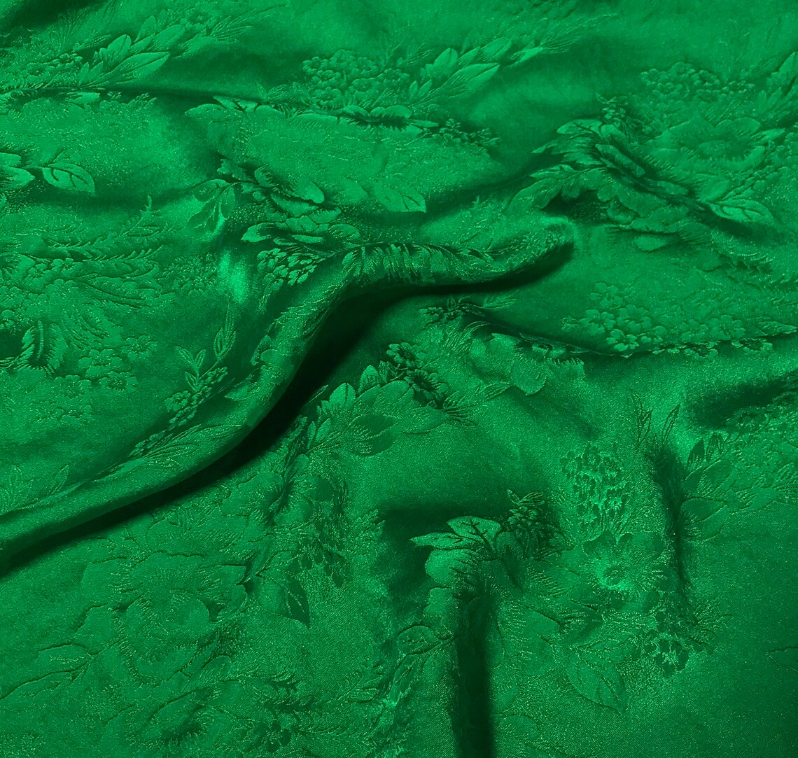 Hand Dyed Bright Kelly Green Floral Silk Jacquard Fabric Etsy