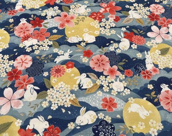 The Moon Rabbit - Japanese Floral Navy - Paintbrush Studio Cotton Fabrics