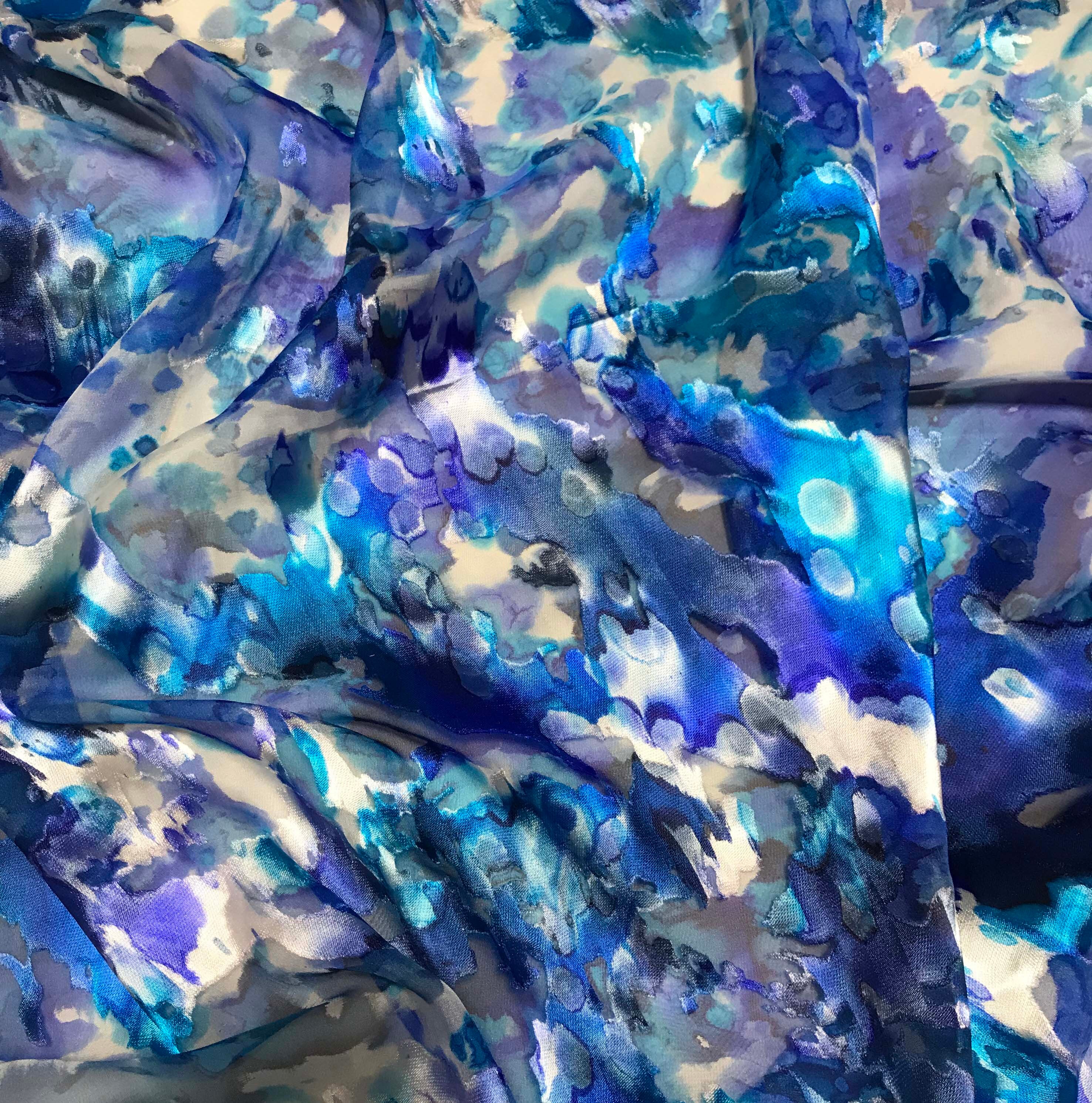 Burnout Devore Satin Fabric Blue Hand Dyed Splotches | Etsy