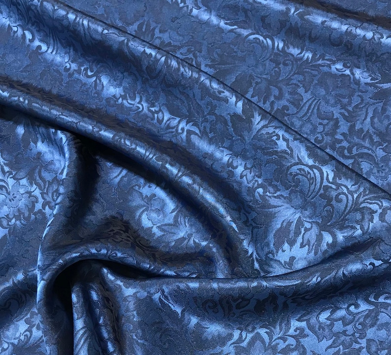 Silk Jacquard Fabric Dark Blue Baroque Scroll