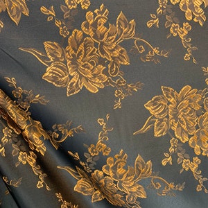 Black & Copper Roses - Faux Silk Brocade Jacquard Fabric