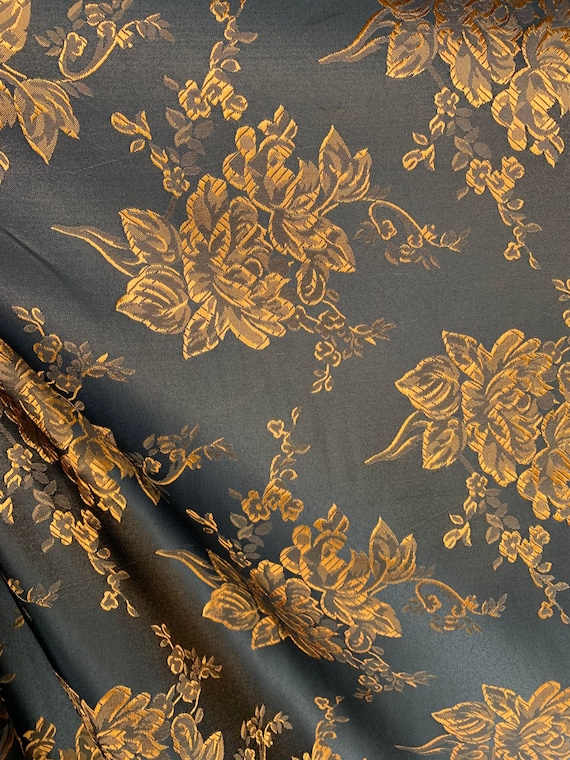 copper brocade fabric - Black & Copper Roses - Faux Silk Brocade Jacquard Fabric
