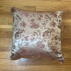 Silky Brocade Pillow Cover - Pale Gold & Rust Birds in Trees - Handmade
