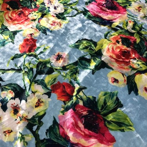 Blue with Roses Floral - Stretch Polyester Velvet Fabric