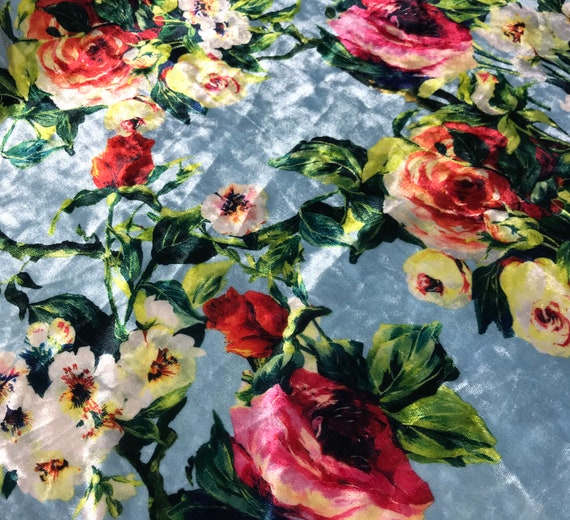 Blue With Roses Floral Stretch Polyester Velvet Fabric | Etsy
