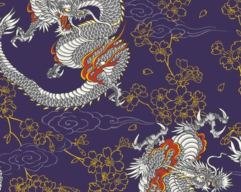 Dragons on Blue - Traditional Japanese Style - Cosmo Japan Cotton Dobby Fabric