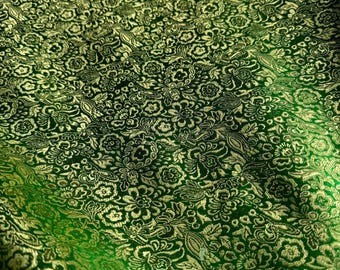 Kelly Green & Gold Small Floral - Faux Silk Brocade Jacquard Fabric