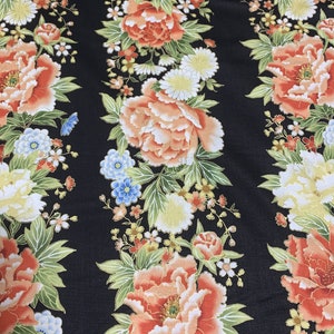 Black Floral Stripe Pattern Japan - Kyoto Garden - Northcott Cotton Fabric