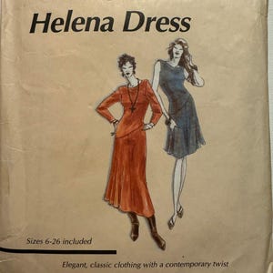 May include: A vintage sewing pattern titled "Helena Dress" by La Fred. The pattern features illustrations of two women wearing dresses. The text includes "Sizes 6-26 included" and "Elegant, classic clothing with a contemporary twist."