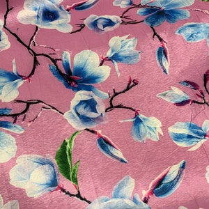 Pink Blue Magnolia Floral - Stretch Polyester Taffeta Fabric