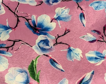 Pink Blue Magnolia Floral - Stretch Polyester Taffeta Fabric