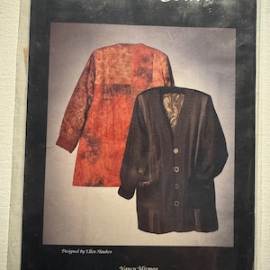 May include: A pattern for a coat, titled "Thatsa Coat," features two coat designs. One coat is a reddish-brown with a patterned design, and the other is a dark brown coat with buttons. The pattern is designed by Ellen Hauben.