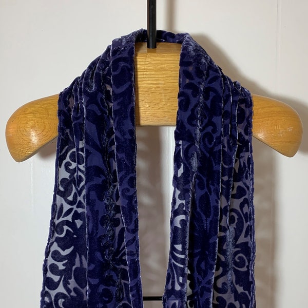 Silk Velvet Scarf in Hand Dyed Midnight Blue Burnout Scroll Handmade 12x42"