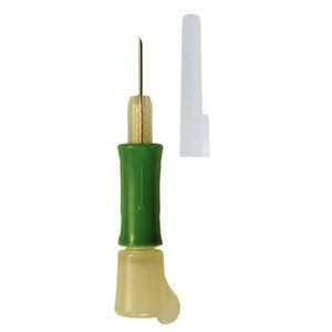 May include: A green and clear plastic medical lancet with a needle and a protective cap. The lancet is used for blood collection.