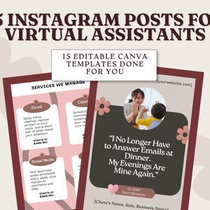 May include: A set of 15 editable Canva templates for virtual assistants featuring dark red and beige color schemes. The designs include text boxes for services, client testimonials, and placeholders for images, all decorated with small flower icons.