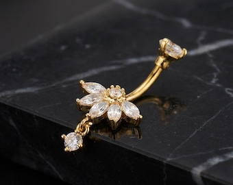 OUFER 14G gouden navelstaafje, roestvrij staal, 316L, bengelende lotus, navelpiercing, marquise CZ navelring, hoepel, lichaamspiercing, sieraden voor vrouwen, 10 mm, 14G10mm, Roestvrij staal, Zirkonia