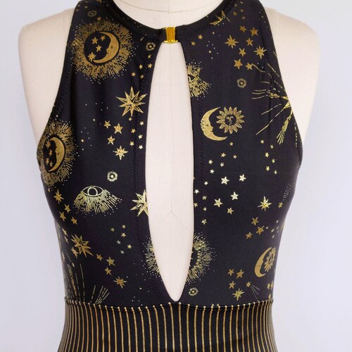 Gold and Black Celestial Bodysuit, Aerial Costume, made to order
