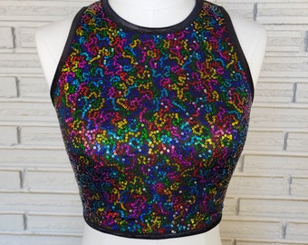 Rainbow Crewneck Sequin Crop Top, Aerial Dance Costume, size medium