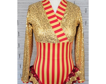 Red and Gold Sequin and Striped Long Sleeve Circus Bodysuit, size small