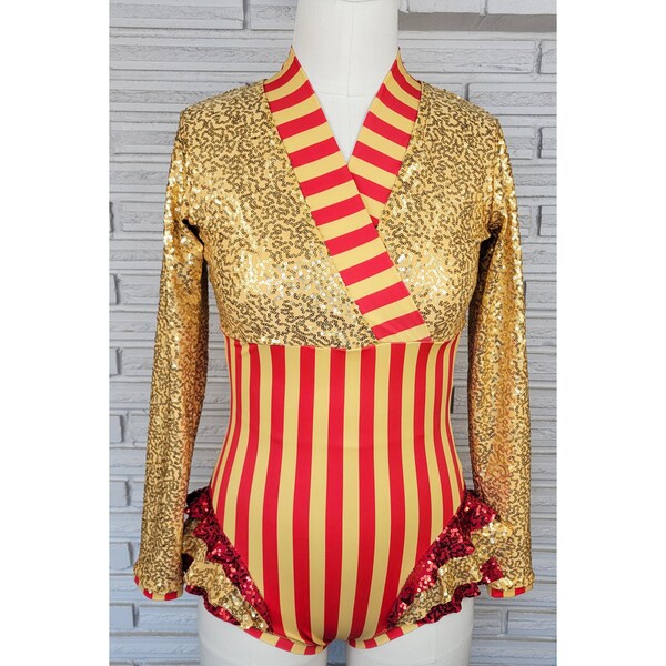 Red and Gold Sequin and Striped Long Sleeve Circus Bodysuit, size small