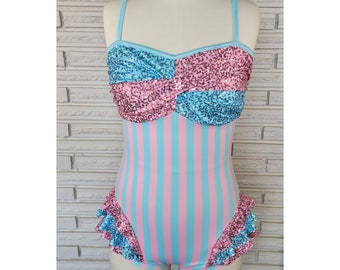 Pink and Aqua Striped Twist Aerial Costume, Aerial Performance Leotard, size medium