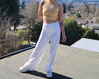 Cream with Pearl Sequin Wide Leg Trousers, High Waist Pants, size XS