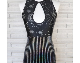 Silver Celestial Keyhole Circus Leotard, Aerial Costume, made to order