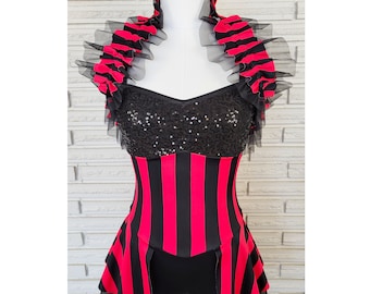 May include: A black and red striped leotard with a black sequined bodice and a black and red ruffled collar. The leotard has a short skirt and is made of a stretchy fabric.
