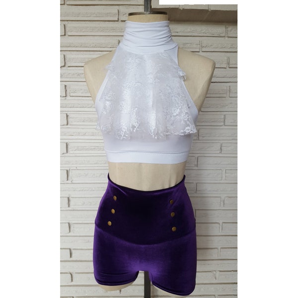 Purple Rain Aerial Costume, Ruffled Halter Top, Velvet High Waist Shorts, Made to Order