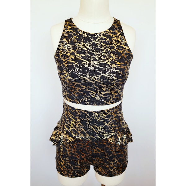 Black and Gold Crop Top and Ruffle Shorts Aerial Costume, size small