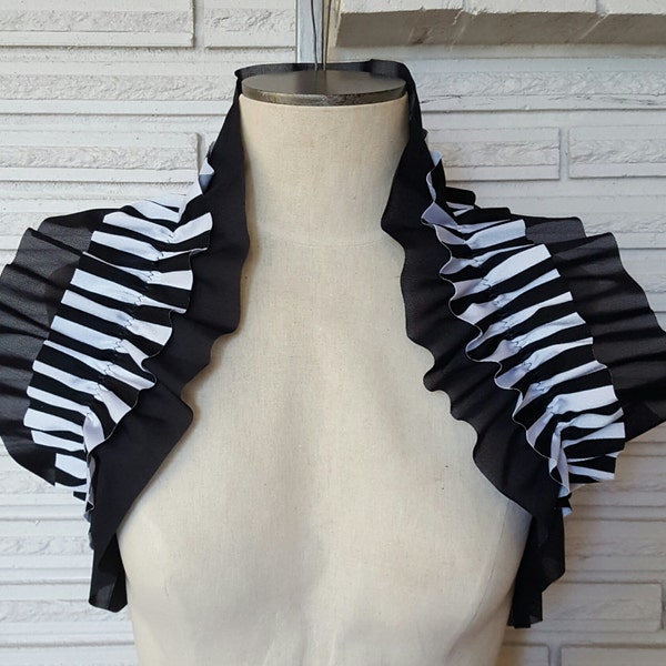 Black and White Striped Ruffled Opera Shrug, Red and Black Steampunk Collar