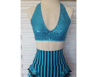 Turquoise Sequin Halter and High Waist Striped Briefs, made to order
