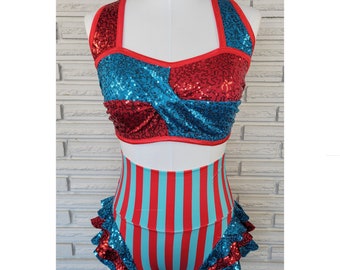 Red and Turquoise Sequin Twist Top and High Waist Briefs, size XS