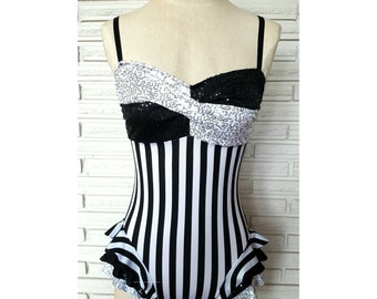 Black and White Striped Aerial Costume with Sequins, Made to Order