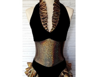 Gold and Black Corset Aerial Costume, Dance Leotard, made to order