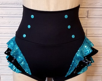 May include: Black high-waisted shorts with a turquoise ruffle trim and turquoise buttons.