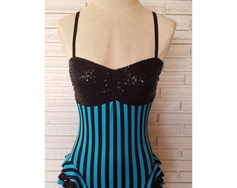 Black and Turquoise Striped Aerial Costume with Sequins, Made to Order