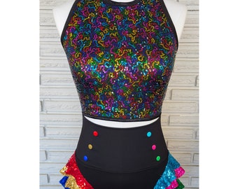 Rainbow Sequin Crewneck Top and High Waist Briefs, Aerialist Costume, made to order