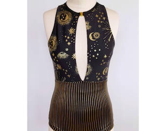 Gold and Black Celestial Bodysuit, Aerial Costume, made to order