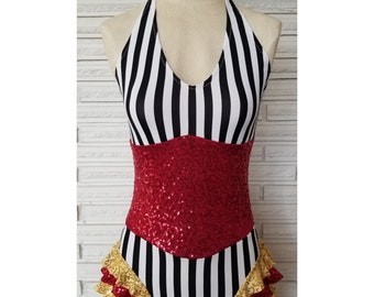 Red and Gold Sequin and Stripe Corset Aerial Costume, Made to Order