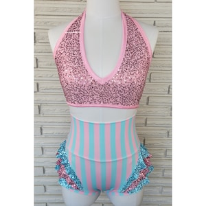 Pink Sequin Halter Top with Striped High Waist Briefs - Aerial Costume