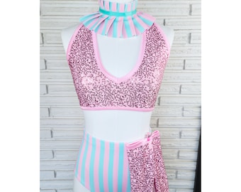 Pink and Aqua Striped Circus Costume Set, Aerial Halter and Briefs, made to order