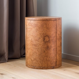 Handcrafted Cylinder Nightstand With Doors in Exotic Burl Woods Unique Bedroom Storage Etsy